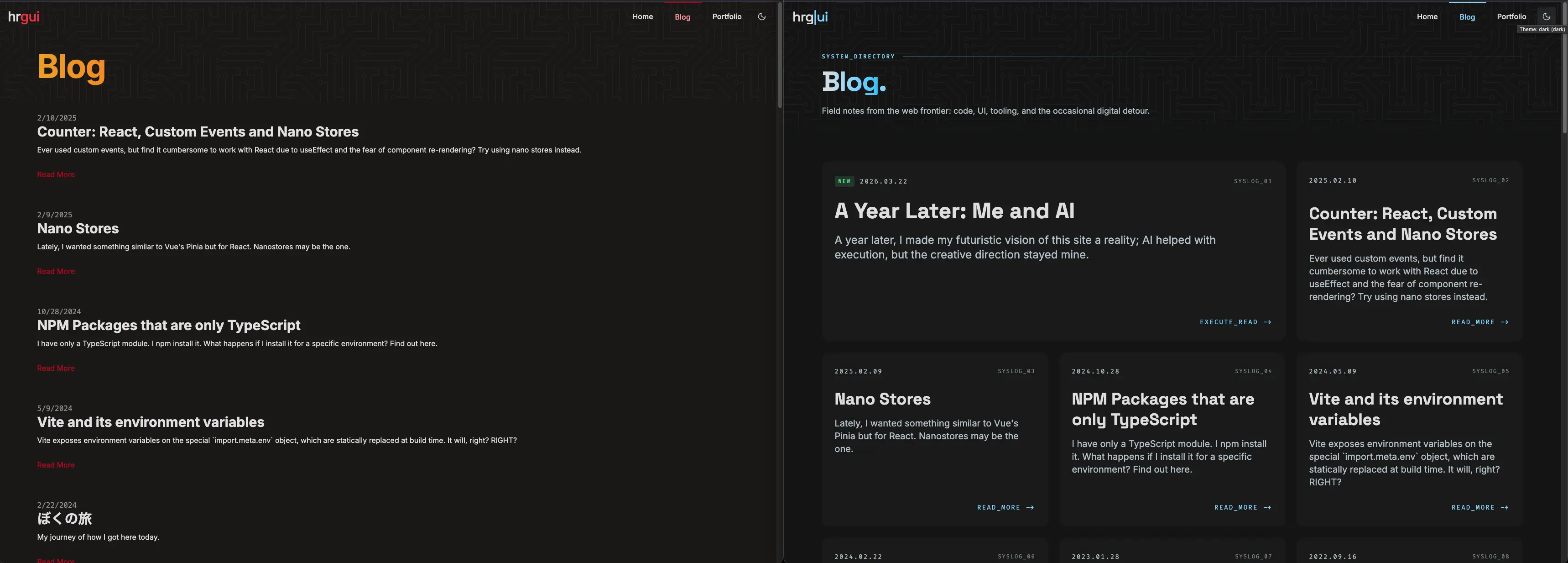 Blog index page before and after